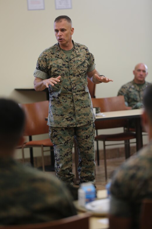 Brig. Gen. Matthew Glavy shares a few words with Marines assigned to Marine Air Control Group 28's Corporals Course after sharing a meal at the mess hall aboard Marine Corps Air Station Cherry Point, N.C., Aug. 9, 2016. Glavy and Sgt. Maj. Richard Thresher had breakfast with the Marines while discussing leadership and the role of noncommissioned officers in mission accomplishment for the Marine Corps. Glavy is the commanding general and Thresher is the command sergeant major for 2nd Marine Aircraft Wing. (U.S. Marine Corps photo by Lance Cpl. Mackenzie Gibson/Released)