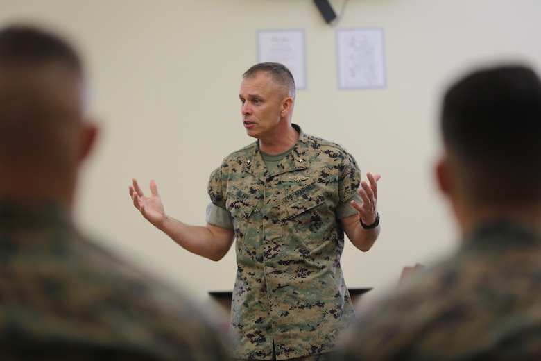 Brig. Gen. Matthew Glavy shares a few words with Marines assigned to Marine Air Control Group 28's Corporals Course after sharing a meal at the mess hall aboard Marine Corps Air Station Cherry Point, N.C., Aug. 9, 2016. Glavy and Sgt. Maj. Richard Thresher had breakfast with the Marines while discussing leadership and the role of noncommissioned officers in mission accomplishment for the Marine Corps. Glavy is the commanding general and Thresher is the command sergeant major for 2nd Marine Aircraft Wing. (U.S. Marine Corps photo by Lance Cpl. Mackenzie Gibson/Released)