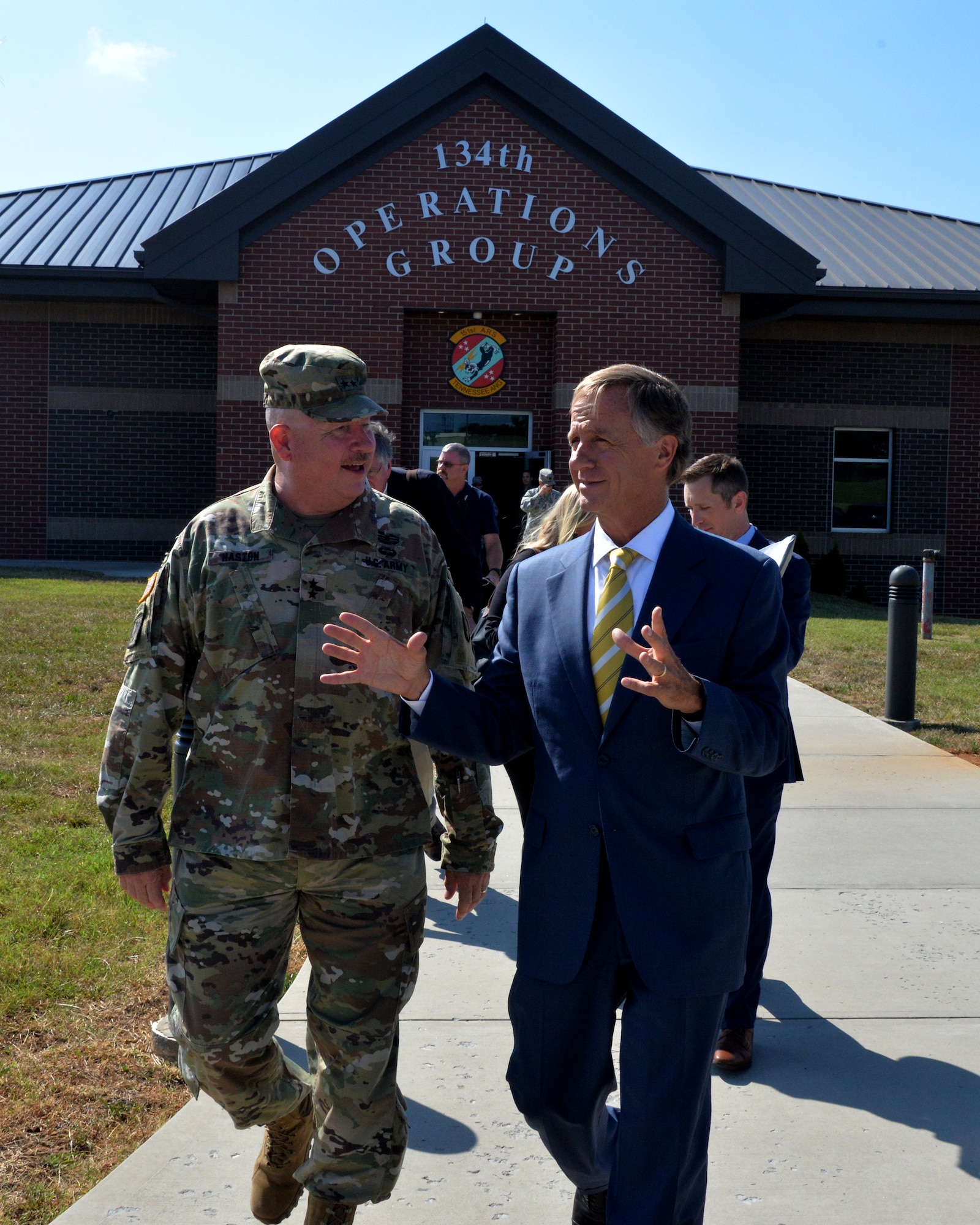 Maj. Gen. Terry M. Haston, the Adjutant General of Tennessee National Guard and Tennessee Governor Bill Haslam talk while visiting the 134th Operations Group July 27, 2016 at McGhee Tyson ANG Base, Knoxville, Tenn. (U.S. Air National Guard photo by Staff Sgt. Daniel Gagnon)