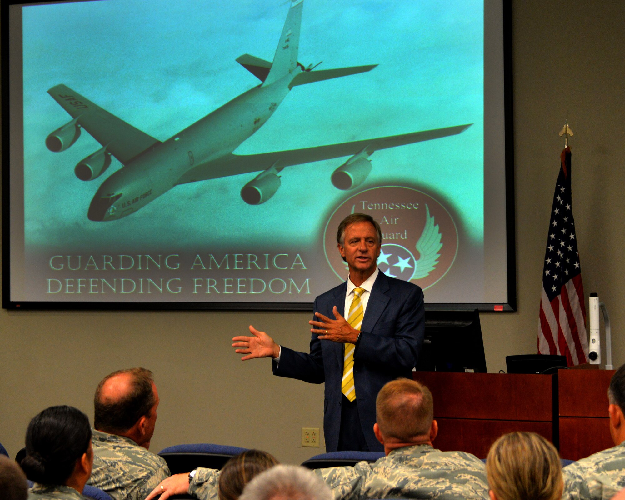 Tennessee Governor Bill Haslam talks to Guardsmen of the 134th Air Refueling Wing July 27, 2016 at McGhee Tyson Air National Guard Base, Knoxville, Tenn.