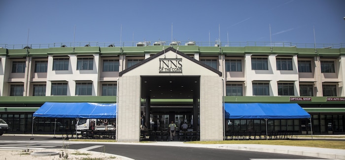 Marine Corps Community Services hosts a grand opening ceremony of the Torii Pines plaza on Marine Corps Air Station Iwakuni, Japan, Aug. 12, 2016. The new plaza holds several different shops such as a bike shop, barber shop, tailor, gift shop and hotel. (U.S. Marine Corps photo by Lance Cpl. Jacob A. Farbo)
