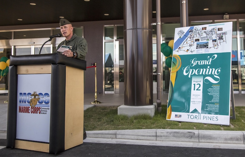 Marine Corps Community Services hosts a grand opening ceremony of the Torii Pines plaza on Marine Corps Air Station Iwakuni, Japan, Aug. 12, 2016. The new plaza holds several different shops such as a bike shop, barber shop, tailor, gift shop and hotel. (U.S. Marine Corps photo by Lance Cpl. Jacob A. Farbo)