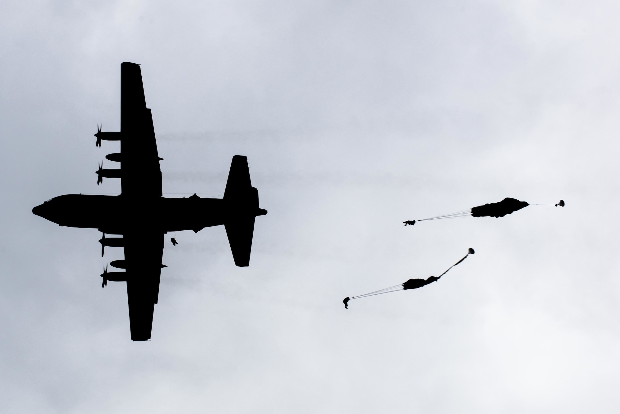 U.S. Army paratroopers perform an airborne insertion from a C-130 Hercules during Red Flag-Alaska at Joint Base Elmendorf-Richardson, Alaska, Aug 10, 2016. After a four-hour flight through simulated enemy controlled territory 80 soldiers jumped from multiple aircraft to control the drop zone. (U.S. Air Force photo by Staff Sgt. Michael Smith/Released)