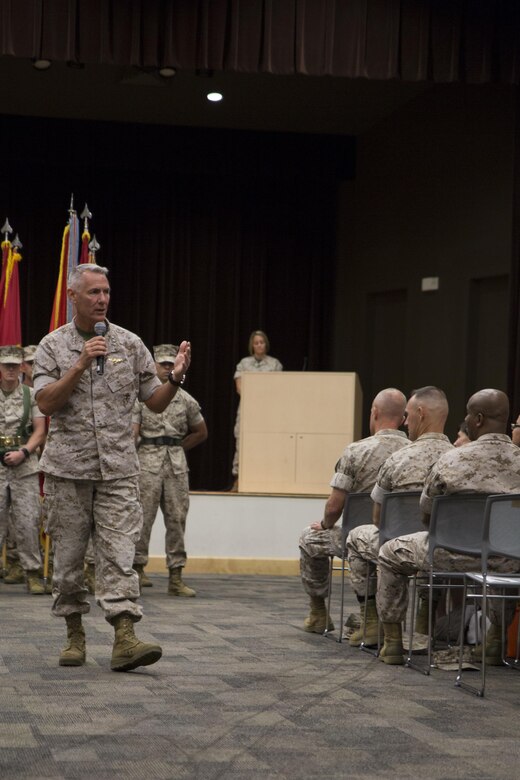 Lt. Gen. Rex C. McMillian, commander of Marine Forces Reserve and Marine Forces North, addresses the crowd during the 4th Marine Logistics Group change of command ceremony at the Federal City Auditorium, New Orleans, Aug. 13, 2016. McMillian expressed his confidence in the ability of his commanders to take on the needs of the total force. (U.S. Marine Corps photo by Lance Cpl. Melissa Martens/ Released)
