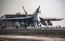 An F/A-18E Super Hornet assigned to the Gunslingers of Strike Fighter Squadron (VFA) 105 launches from the flight deck of the aircraft carrier USS Dwight D. Eisenhower (CVN 69) (Ike). Ike and its Carrier Strike Group are deployed in support of Operation Inherent Resolve, maritime security operations and theater security cooperation efforts in the U.S. 5th Fleet area of operations.

