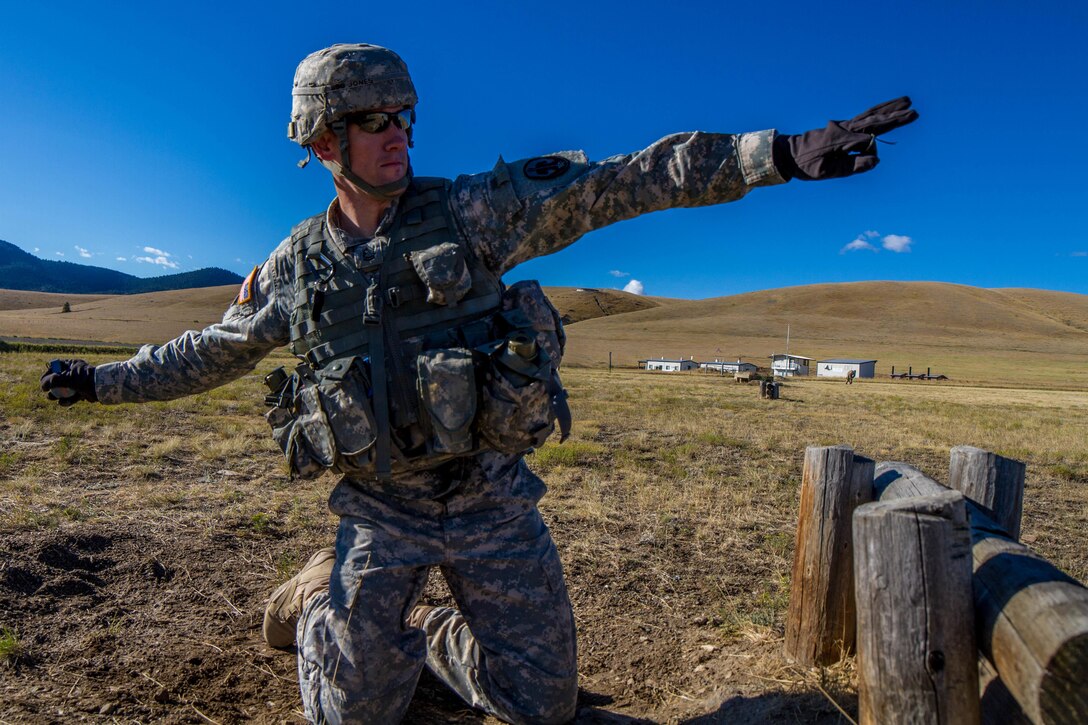 Sgt. 1st Class Robert Jones, 2016 U.S. Army Reserve  Best Warrior Competition (BWC) runner up in the noncommissioned officer (NCO) category, tosses a training grenade at Fort Harrison, Mont., August 9, 2016. Army Reserve Best Warrior winners and runner-ups are preparing for their participation in  the Department of the Army Best Warrior Competition this fall at Fort A.P. Hill, Va.