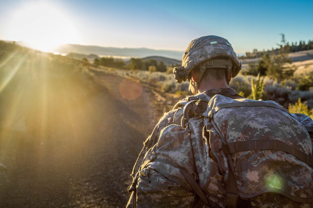 Spc. Carlo Deldonno, USARC 2016 U.S. Army Reserve Best Warrior Competition (BWC) runner up in the Soldier category, marches on during an eight mile foot march at Fort Harrison, Mont., August 9, 2016. The Army Reserve BWC winners and runners up from the noncommissioned officer (NCO) and Soldier categories are going through rigorous training, leading up to their participation in the Department of the Army Best Warrior Competition this fall at Fort A.P., Va.