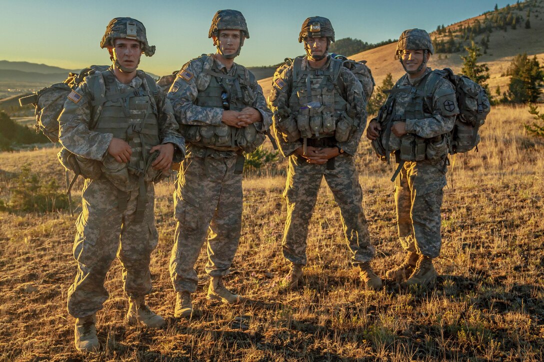 Army Reserve Best Warrior winners and runner-ups from the 2016 U.S. Army Reserve Best Warrior Competition (BWC), pause for a quick break during their eight mile foot march at Fort Harrison, Mont., August 10, 2016. The Army Reserve BWC winners and runners up from the noncommissioned officer and Soldier categories are going through rigorous training, leading up to their participation in  the Department of the Army Best Warrior Competition this fall at Fort A.P. Hill, Va.