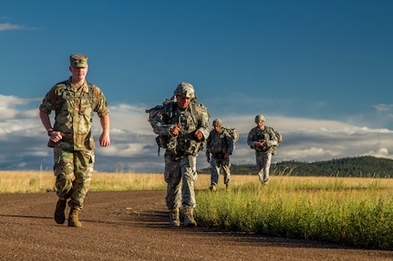 Sgt. 1st Class Aaron Butler, NCO in charge of the 2016 U.S. Army Reserve Best Warrior Competition (BWC), marches with the winners and runners up at Fort Harrison, Mont., August 9, 2016. The Army Reserve BWC winners and runners up from the noncommissioned officer (NCO) and Soldier categories are going through rigorous training, leading up to their participation in the Department of the Army Best Warrior Competition this fall at Fort A.P., Va.