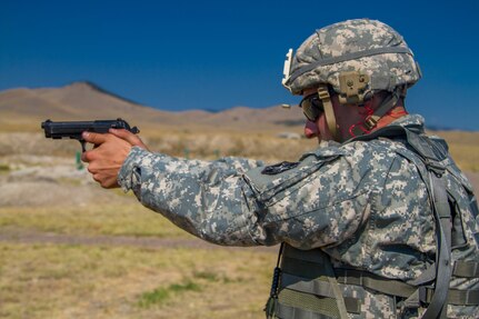 Spc. Carlo Deldonno, 2016 U.S. Army Reserve Best Warrior Competition (BWC) runner up in the Soldier category, qualifies with a M-9 pistol at Fort Harrison, Mont., August 8, 2016. The Army Reserve BWC winners and runners up from the noncommissioned officer (NCO) and Soldier categories are going through rigorous training, leading up to their participation in the Department of the Army Best Warrior Competition this fall at Fort A.P., Va.