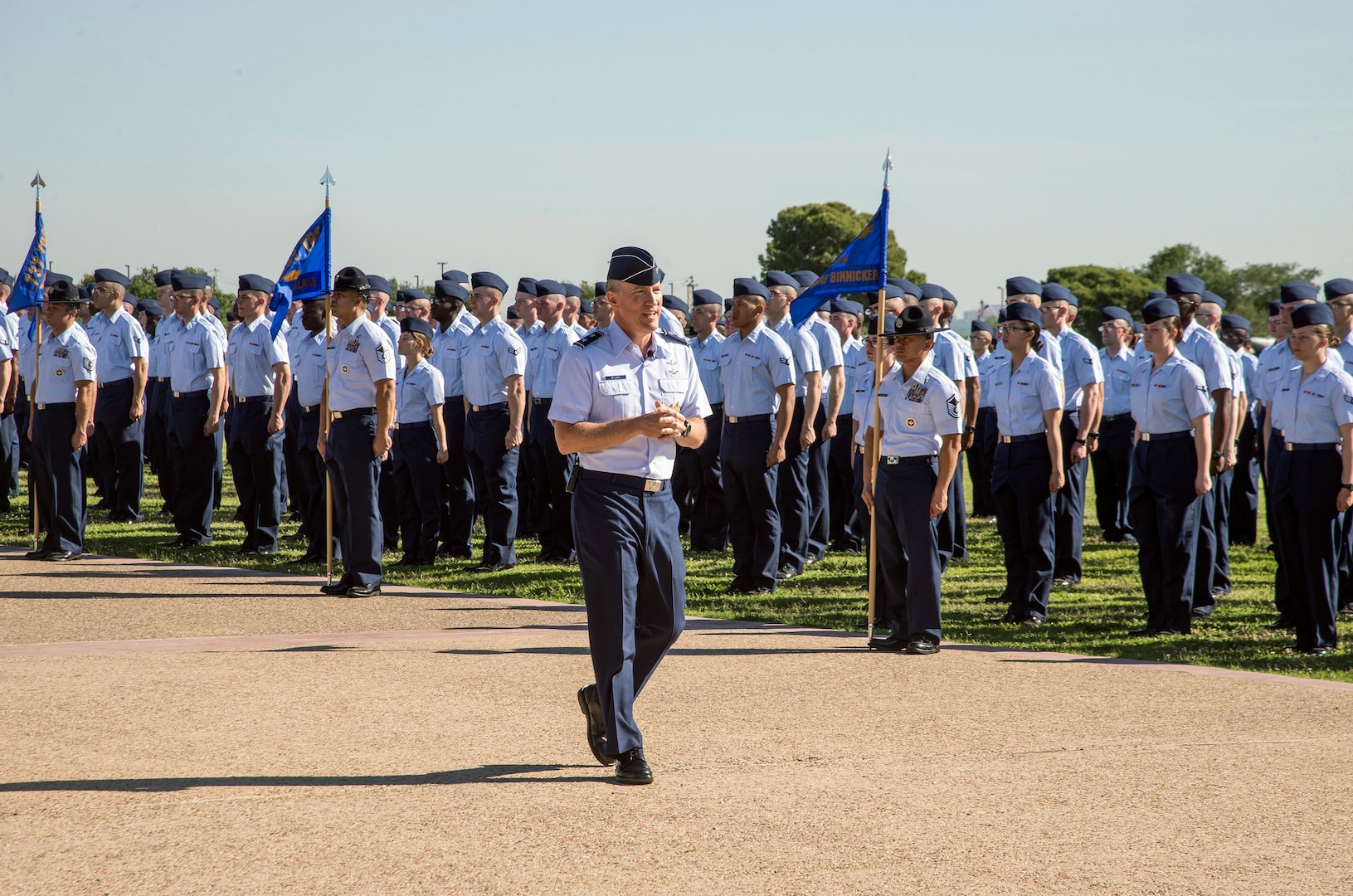Maj. Gen. Burke “Ed” Wilson, 24th Air Forces’ fourth commander, addresses guests and Airmen during a Basic Military Training graduation Wilson officiated in San Antonio, Texas May 2016 (U.S. Air Force photo by Johnny Salvidar). 