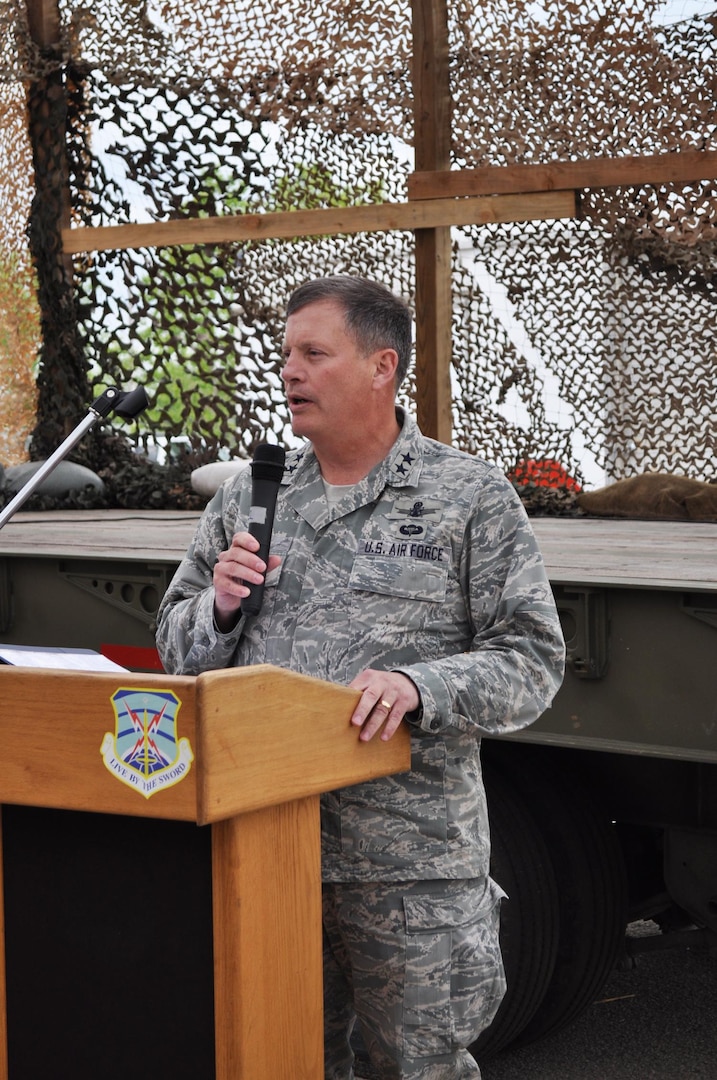 Maj. Gen. Richard E. Webber (Ret.), 24th Air Forces’ first commander, speaks to the 5th Combat Communications Group during the 2010 Combat Challenge at Robins AFB, Macon Ga. July 2010 (Courtesy photo). 