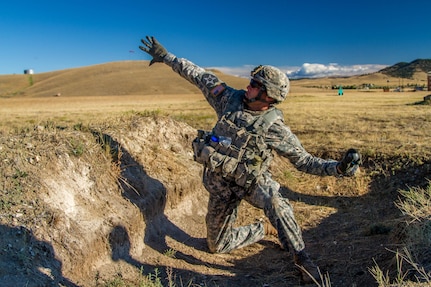 Sgt. 1st Class Joshua Moeller, 2016 U.S. Army Reserve Best Warrior Competition (BWC) winner in the noncommissioned officer (NCO) category, tosses a training grenade at Fort Harrison, Mont., August 9, 2016. The Army Reserve BWC winners and runners up from the NCO and Soldier categories are going through rigorous training, leading up to their participation in the Department of the Army Best Warrior Competition this fall at Fort A.P., Va.