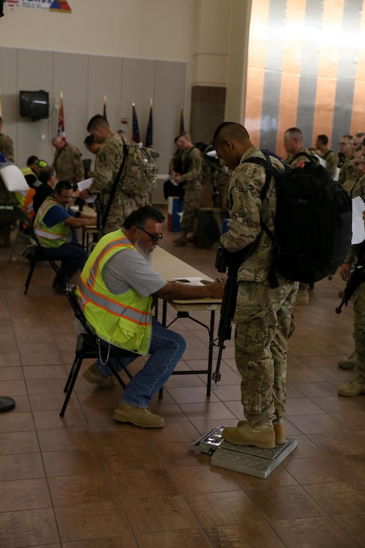 Soldiers assigned to the 368th Eng. Bn. and the 475th Eng. Co., both U.S. Army Reserve, are weighed, manifested and processed prior to boarding a flight to U.S. Central Command at the Silas L. Copeland Arrival/Departure Airfield Control Group here July 20.