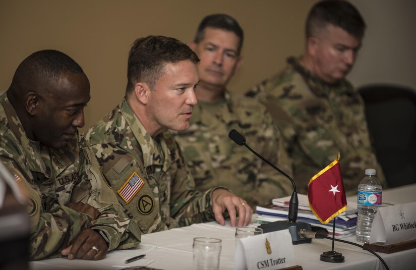 Brig. Gen. Joseph Whitlock, Deputy Director of Politico Military Affairs (Western Hemisphere), J-5, Joint Staff in Washington D.C., answers questions from the field during a senior leader seminar held at Joint Base Lewis McChord, Wash., Aug. 6. Sixty-seven Military Science Instructors from 150 Universities spread throughout 26 states were present during the seminar as part of an annual training development event designed to tap into senior leader mentoring and motivational techniques as well as provide a forum for the exchange of ideas and best practices. The event was hosted by the 104th Training Division's 4th Battalion, 414th Regiment (SROTC). (U.S. Army Reserve photo by Sgt. 1st Class Brian Hamilton)