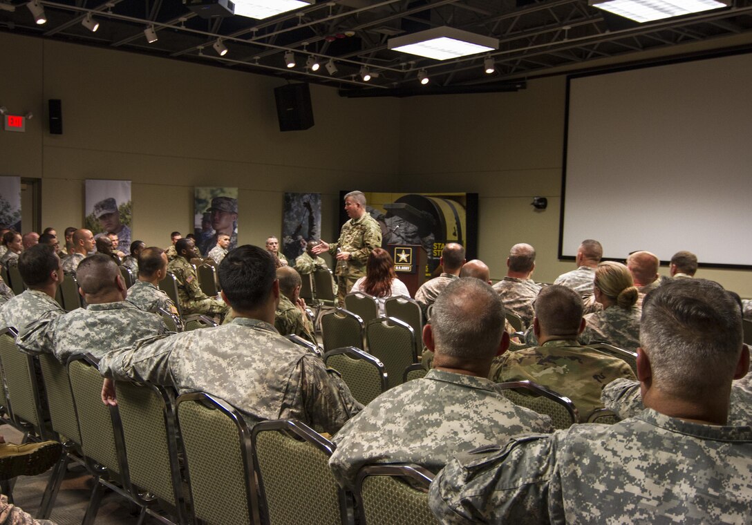 Brg. Gen. Darrell Guthrie, Commanding General of the 104th Training Division (LT) meets with the Soldiers of the 104th Training Support Brigade at the General George Patton Museum of Leadership on Ft. Knox. Ky., Aug. 8. (U.S. Army Reserve photo by Sgt. Karen Sampson/ Released)