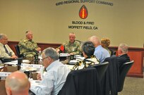 Maj. Gen. Michael Smith, deputy chief, U.S. Army Reserve, briefs Army Reserve Ambassadors (ARA) from the 63rd Regional Support Command, as part of an ARA Training Forum for the ambassadors, Aug. 12, Armed Forces Reserve Center, Mountain View, Calif. Smith concentrated on readiness as the most critical factor facing the Army Reserve and outlined the strategic goals of the reserve over the next few years. To Smith's left is Maj. Gen. Nick Tooliatos, commanding general, 63rd RSC. (U.S. Army Reserve Photo by Capt. Alun Thomas)