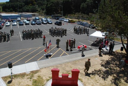 Soldiers of the 801st EN CO (H) practice for the award ceremony about to take place where SGT Logan Sutherland will receive the Soldier’s Medal, in Vallejo, Calif. Sutherland, a horizontal construction engineer assigned to 801st EN CO (H), 315th EN BN, 301st MEB, risked his life by forcing himself into a burning vehicle, in order to evacuate an unconscious driver, and pulled the driver from the vehicle just before the vehicle became fully engulfed in flames, saving the driver’s life. (U.S. Army photo by Sgt. Timothy Neal/Released)