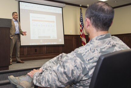 Maj. Justin Mace, Air Education and Training Command Advance Distributed Learning Service program manager, listens as Thom Lutkenhouse, Blackboard senior project manager, speaks about service support during an Enterprise Blended Learning Service pre-performance meeting at Joint Base San Antonio-Randolph July 28, 2016. EBLS is one pillar, along with ADLS and the face-to-face course delivery capability, of the learning management strategy triad.