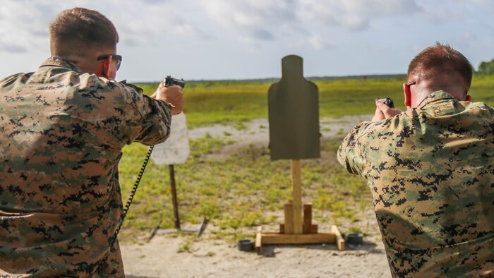 Marines with 2nd Law Enforcement Battalion participated in a Beretta M9 pistol shoot during a weeklong weapon training exercise at Marine Corps Base Camp Lejeune, N.C., August 9, 2016. Marines practiced handling and firing pistols in several unconventional style drills, helping enhance their skills with the weapon. 