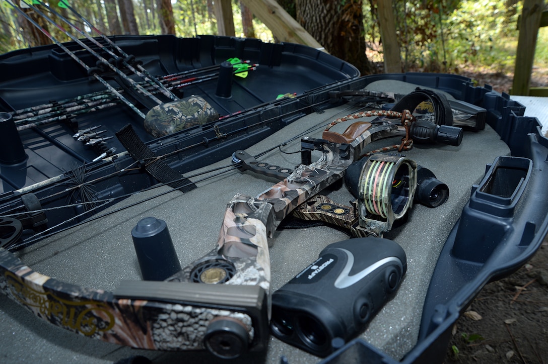 Staff Sgt. John R. Harris Jr., training chief, Headquarters Company East, Marine Corps Logistics Command, prepares for Marine Corps Logistics Base Albany’s deer hunting season with frequent visits to MCLB Albany’s Bow Range.