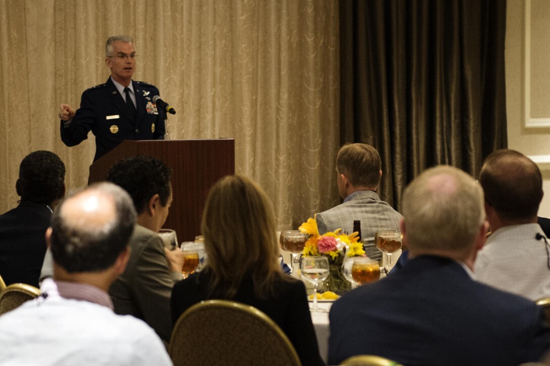 Air Force Gen. Paul J. Selva, vice chairman of the Joint Chiefs of Staff, delivers the keynote speech during the reception for the Joint Civilian Orientation Conference outside Washington, D.C., Aug. 14, 2016. DoD photo by Marine Sgt. Drew Tech