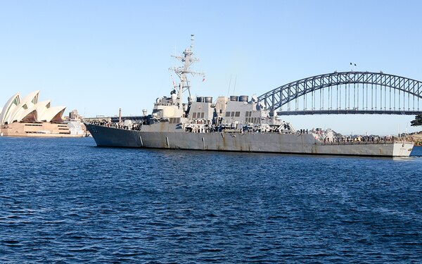 The Arleigh Burke-class guided-missile destroyer USS Stethem (DDG 63) arrives in Sydney, Australia to promote green energy initiatives in support of the Great Green Fleet, Aug. 14, 2016. The mission of the Great Green Fleet is to demonstrate how energy efficient systems and procedures, and the use of alternative energy contribute to combat capability, resiliency and flexibility in the operational environment.
