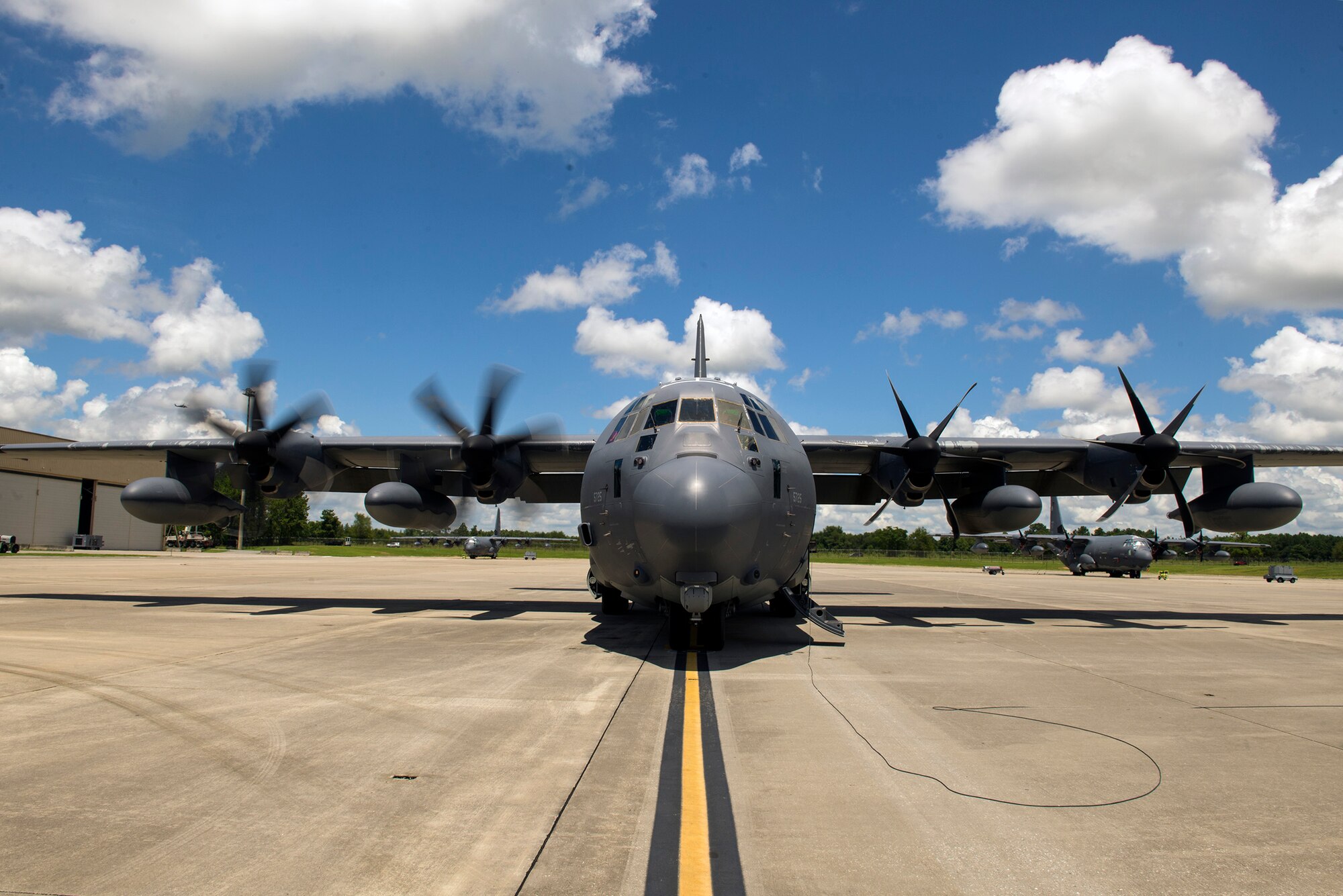 An HC-130J Combat King II starts to prepare for take-off to support Exercise Red Flag, Aug. 12, 2016, at Moody Air Force Base, Ga. During this year’s exercise, more than 100 aircraft from 25 different units are participating in the air-to-air combat training event designed to enhance their combat search and rescue operations. (U.S. Air Force photo by Airman 1st Class Greg Nash) 