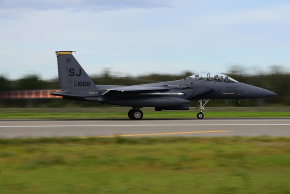 A U.S. Air Force F-15E Strike Eagle dual-role fighter aircraft assigned to the 336th Fighter Squadron assigned to Seymour Johnson Air Force Base, N.C., takes off for the Joint Pacific Alaska Range Complex (JPARC) from Eielson Air Force Base, Alaska during RED FLAG-Alaska 16-3, Aug. 15, 2016. The strength of the JPARC is its expansive co-located air and land ranges as well as a significant potential for co-located air and sea ranges, which makes it the largest instrumented air, ground and electronic combat training range in the world. (U.S. Air Force photo by Airman 1st Class Cassandra Whitman)