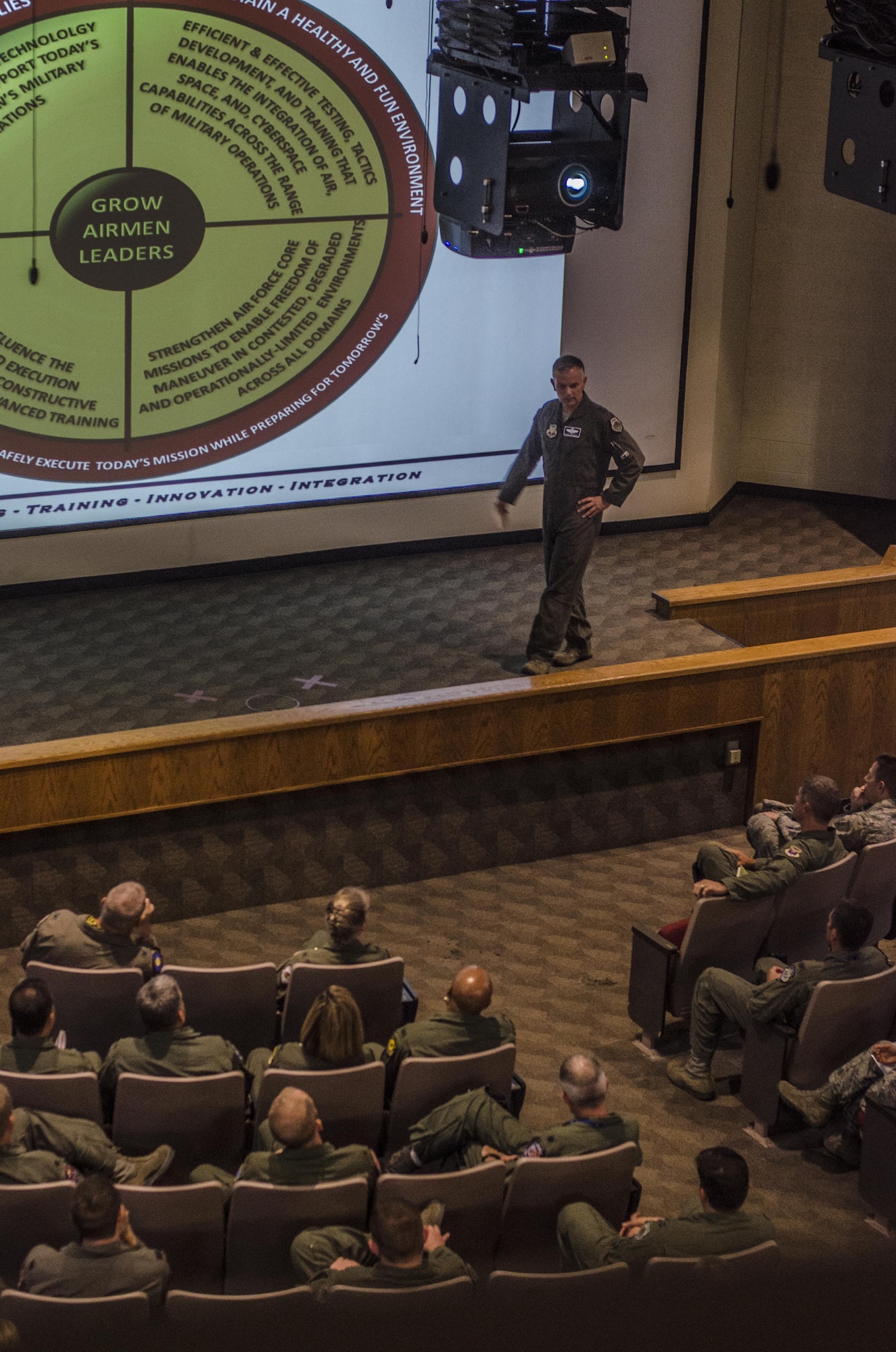 Maj. Gen. Glen VanHerck, United States Air Force Warfare Center commander, speaks to players of Red Flag 16‐4 at Nellis Air Force Base, Nev., Aug. 14, 2016. Red Flag provided realistic combat training through integrated warfighting in a contested, degraded, and operationally limited environment. (U. S. Air Force photo by Tech. Sgt. Frank Miller/Released)