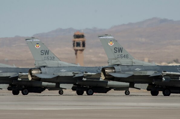 U.S. Air Force F‐16CM Fighting Flacons, 55th Fighter Squadron, Shaw Air Force Base, S.C., wait to takeoff at Nellis Air Force Base, Nev., Aug. 13, 2016. Red Flag 16-4 took place Aug. 15 through Aug. 26 and involved players from every branch in the service as well as members of other countries such as Spain. (U. S. Air Force photo by Tech. Sgt. Frank Miller/Released)