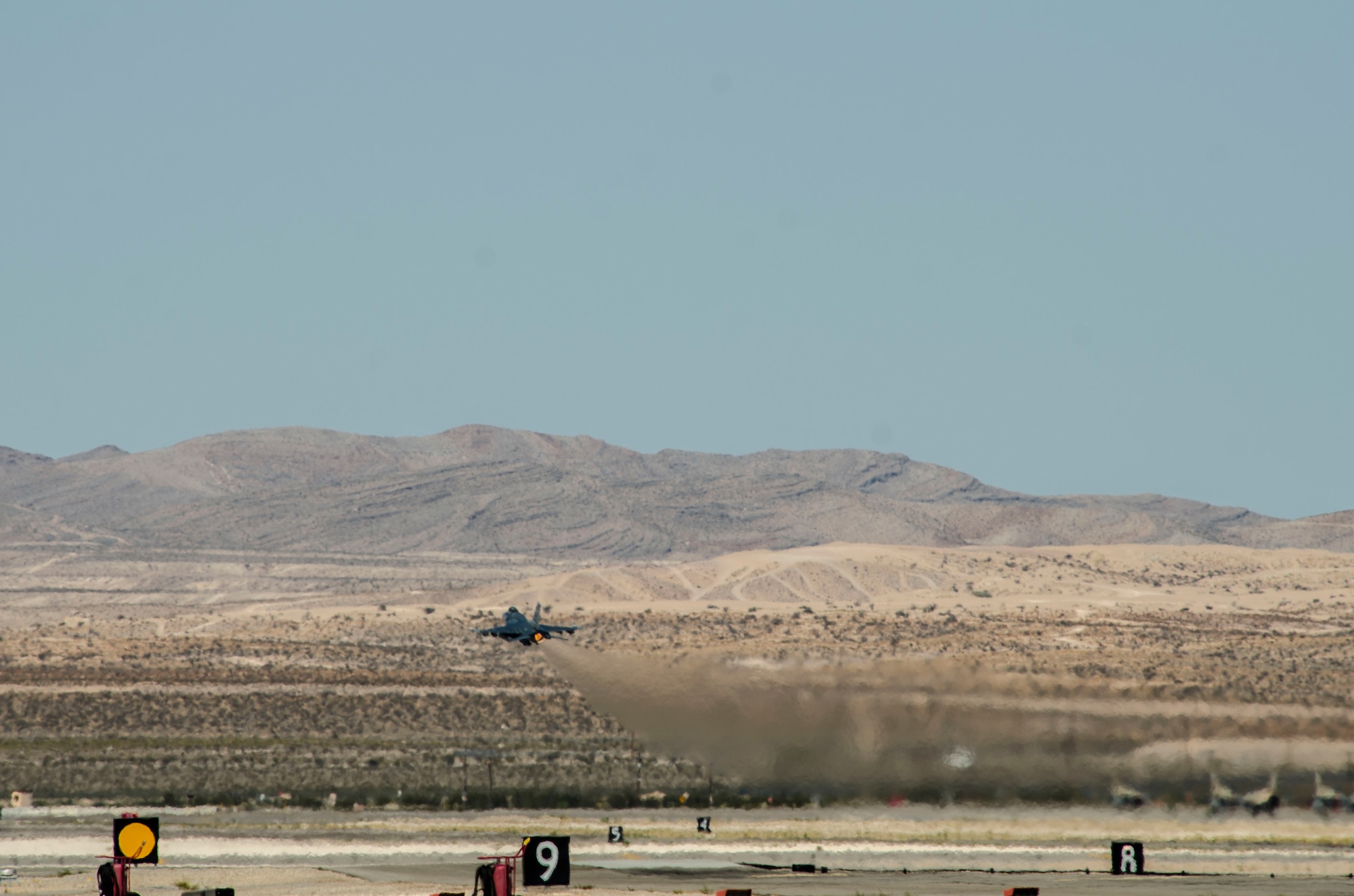 An F‐16CM Fighting Flacon assigned to the 55th Fighter Squadron, Shaw Air Force Base, S.C., takes off at Nellis Air Force Base, Nev., Aug. 13, 2016. A familiarization of the range had been conducted where players in the exercise fought against 250 aggressor forces. (U. S. Air Force photo by Tech. Sgt. Frank Miller/Released)