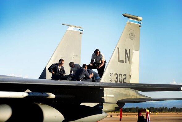 Maintainers from the 48th Aircraft Maintenance Squadron conduct a post-flight check of an F-15E Strike Eagle in preparation for exercise Red Flag 16-4 at Nellis Air Force Base, Nevada, Aug 13. Red Flag is the U.S. Air Force’s premier air-to-air combat training exercise and one of a series of advanced training programs that is administered by the U.S. Air Force Warfare Center and executed through the 414th Combat Training Squadron. (U.S. Air Force photo/ Tech. Sgt. Matthew Plew)