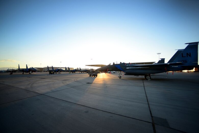 F-15E Strike Eagles from the 492nd Fighter Squadron are parked in preparation for exercise Red Flag 16-4 at Nellis Air Force Base, Nevada, Aug 13. Red Flag is the U.S. Air Force’s premier air-to-air combat training exercise and one of a series of advanced training programs that is administered by the U.S. Air Force Warfare Center and executed through the 414th Combat Training Squadron. (U.S. Air Force photo/ Tech. Sgt. Matthew Plew)