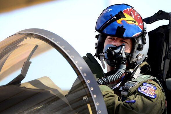 U.S. Air Force Major Oliver Roe, 492nd Fighter Squadron pilot, gets ready for a sortie in preparation for exercise Red Flag 16-4 at Nellis Air Force Base, Nevada, Aug 12. Red Flag is the U.S. Air Force’s premier air-to-air combat training exercise and one of a series of advanced training programs that is administered by the U.S. Air Force Warfare Center and executed through the 414th Combat Training Squadron. (U.S. Air Force photo/ Tech. Sgt. Matthew Plew