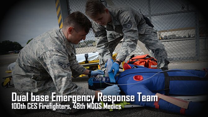 U.S. Air Force Staff Sgt. Jonathon Powell, right, and U.S. Air Force Airman 1st Class Andrew Giles, both 48th Medical Operations Squadron emergency services technicians, strap down a manikin patient in preparation for transportation Aug. 11, 2016, during an exercise on RAF Mildenhall, England. The medics simulated giving the patient supplemental oxygen and established neck and back support by using spider straps to secure the body on the board. (U.S. Air Force photo by Senior Airman Justine Rho)