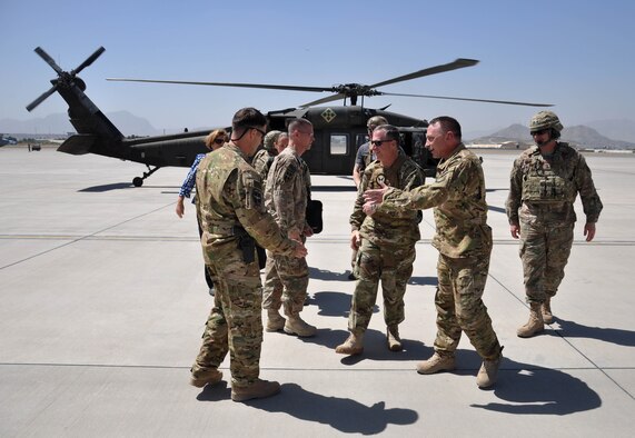 Gen. David Goldfein, Air Force Chief of Staff, visited the 438th Air Expeditionary Wing, Kabul, Afghanistan, Aug. 13, 2016. Heidi Grant, Deputy Under Secretary of the Air Force, International Affairs, joined Goldfein as they met with Train, Advise, Assist Command-Air (TAAC-Air) leadership and received briefings about the progress of the Afghan air force. Brig. Gen. David Hicks, 438th AEW and TAAC-Air commander; Col. Nick Gismondi, TAAC-Air deputy commander and 438th AEW vice commander; and many other TAAC-Air members learned about the joint warfighting effort during a mission briefing and inspection of Afghan air force capabilities. Goldfein and Grant spent time talking with Airmen and Soldiers to learn about their contributions to ongoing operations. (U.S. Air Force photos by Tech. Sgt. Christopher Holmes and Capt. Jason Smith)
