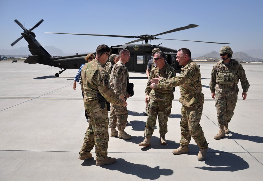 Gen. David Goldfein, Air Force Chief of Staff, visited the 438th Air Expeditionary Wing, Kabul, Afghanistan, Aug. 13, 2016. Heidi Grant, Deputy Under Secretary of the Air Force, International Affairs, joined Goldfein as they met with Train, Advise, Assist Command-Air (TAAC-Air) leadership and received briefings about the progress of the Afghan air force. Brig. Gen. David Hicks, 438th AEW and TAAC-Air commander; Col. Nick Gismondi, TAAC-Air deputy commander and 438th AEW vice commander; and many other TAAC-Air members learned about the joint warfighting effort during a mission briefing and inspection of Afghan air force capabilities. Goldfein and Grant spent time talking with Airmen and Soldiers to learn about their contributions to ongoing operations. (U.S. Air Force photos by Tech. Sgt. Christopher Holmes and Capt. Jason Smith)
