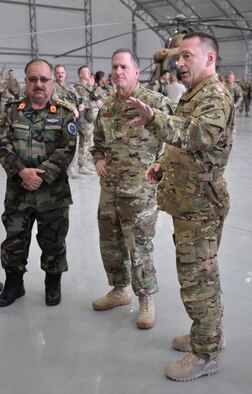 Gen. David Goldfein, Air Force Chief of Staff, visited the 438th Air Expeditionary Wing, Kabul, Afghanistan, Aug. 13, 2016.  During his visit, Goldfein learned about the joint warfighting effort during a mission briefing and inspection of Afghan air force capabilities. (U.S. Air Force photos by Tech. Sgt. Christopher Holmes and Capt. Jason Smith)