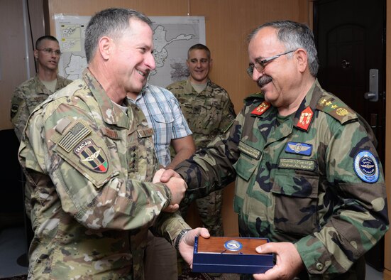 Gen. David Goldfein, Air Force Chief of Staff, visited the 438th Air Expeditionary Wing, Kabul, Afghanistan, Aug. 13, 2016. Heidi Grant, Deputy Under Secretary of the Air Force, International Affairs, joined Goldfein as they met with Train, Advise, Assist Command-Air (TAAC-Air) leadership and received briefings about the progress of the Afghan air force. Brig. Gen. David Hicks, 438th AEW and TAAC-Air commander; Col. Nick Gismondi, TAAC-Air deputy commander and 438th AEW vice commander; and many other TAAC-Air members learned about the joint warfighting effort during a mission briefing and inspection of Afghan air force capabilities. Goldfein and Grant spent time talking with Airmen and Soldiers to learn about their contributions to ongoing operations. (U.S. Air Force photos by Tech. Sgt. Christopher Holmes and Capt. Jason Smith)
