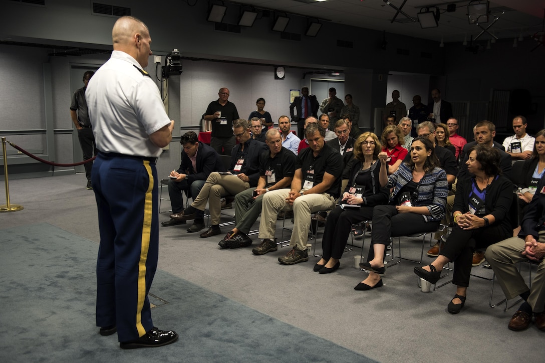 U.S. Army Command Sgt. Maj. John W. Troxell, senior enlisted advisor to the chairman of the Joint Chiefs of Staff, speaks with participants at the Joint Civilian Orientation Conference at the Pentagon, Aug. 15, 2016. DoD photo by Marine Sgt. Drew Tech