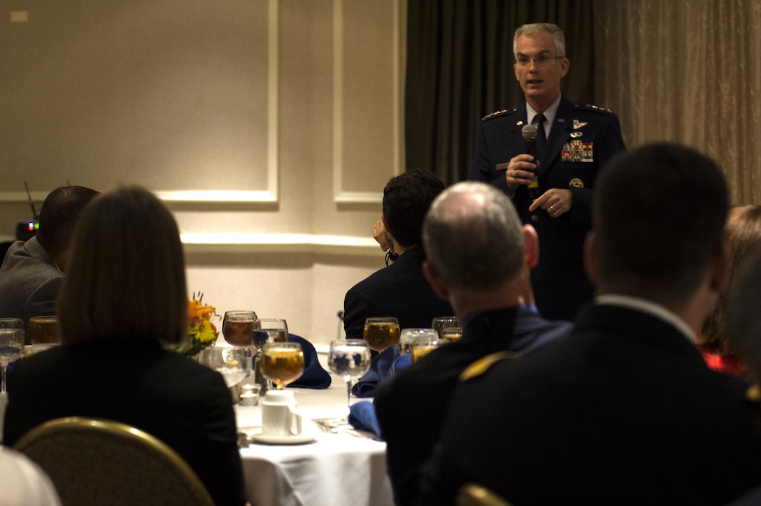 U.S. Air Force Gen. Paul J. Selva, vice chairman of the Joint Chiefs of Staff, gives the keynote speech during the reception for the Joint Civilian Orientation Conference in Alexandria, Va., Aug. 14, 2016. JCOC increases public understanding of national defense by allowing business and community leaders to directly observe and engage with the military. DoD photo by Marine Corps Sgt. Drew Tech