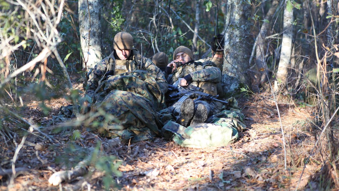 Marines with the 22nd Marine Expeditionary Unit radio reconnaissance team collect communications signals in the field during an Intelligence Interoperability Course, Dec. 15, 2010. The Radio Reconnaissance team was embedded in the dense forest covered with camouflage paint, and equipped with a small arsenal of weapons and intelligence exploitation equipment.