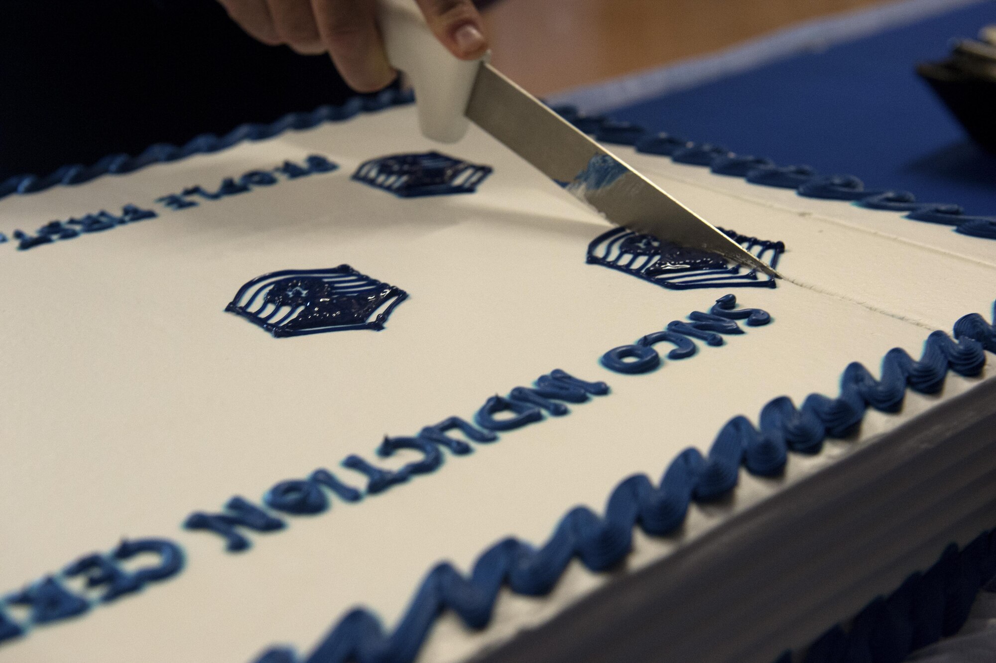 U.S Air Force Senior Master Sgt. John Agnew, 52nd Civil Engineer Squadron facility systems superintendent, cuts a cake during a senior NCO induction ceremony at Club Eifel on Spangdahlem Air Base, Germany, Aug. 12, 2016. The ceremony featured the recognition of 50 inductees, a dinner and speeches by 52nd Fighter Wing leaders. (U.S. Air Force photo by Airman 1st Class Preston Cherry/Released)