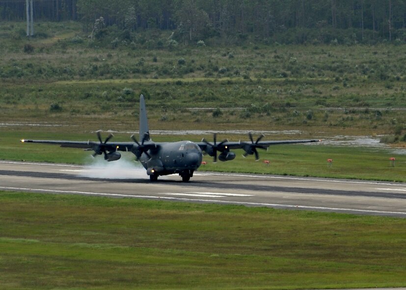 An MC-130J Commando II lands on the flightline at Hurlburt Field, Fla., Aug. 11, 2016. This aircraft is scheduled to be modified into an AC-130J Ghostrider gunshipin the coming months. The Ghostrider’s primary missions are close air support, air interdiction and armed reconnaissance. (U.S. Air Force photo by Staff Sgt. Kentavist Brackin)
