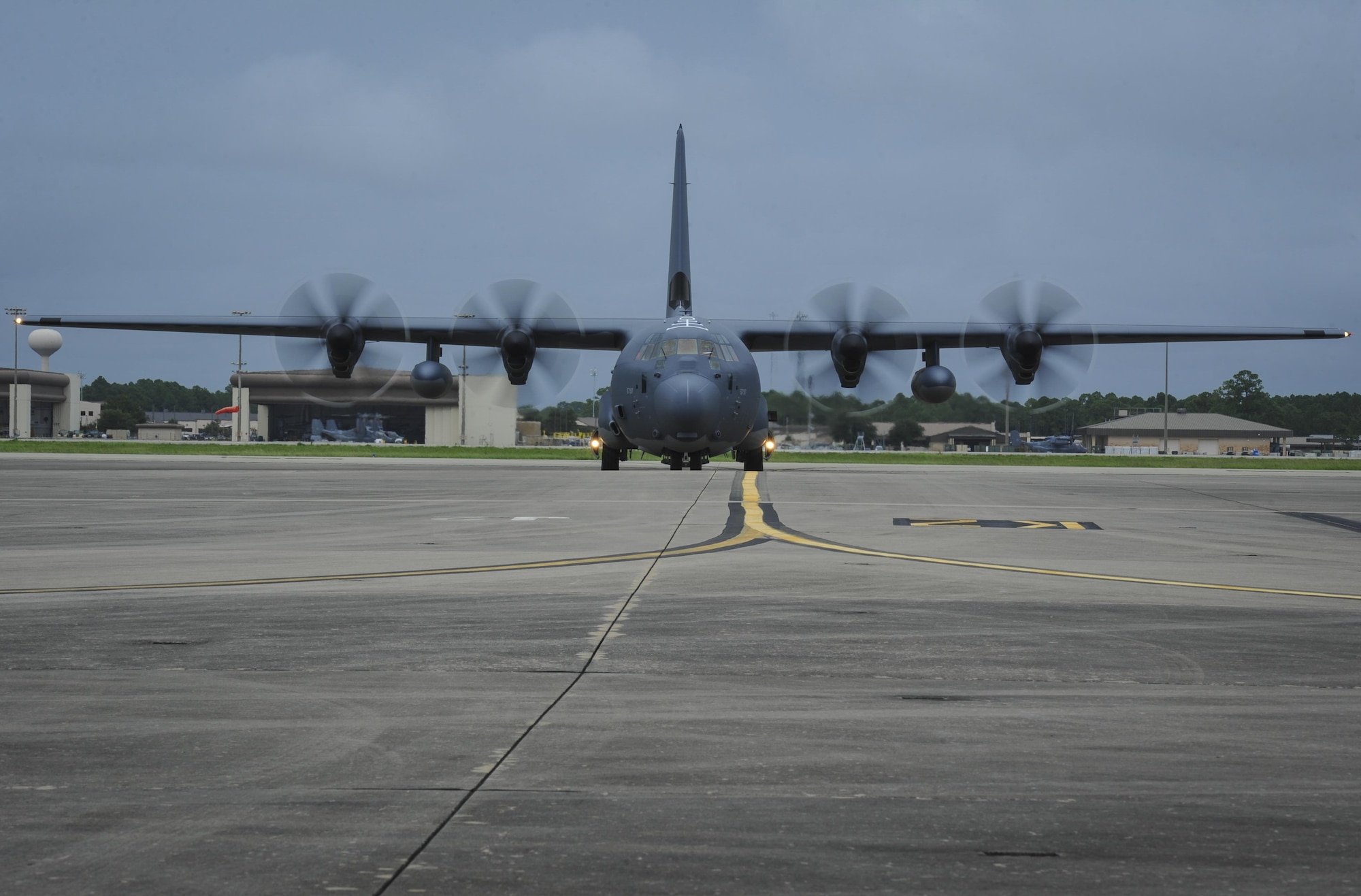 An MC-130J Commando II taxis down the runway at Hurlburt Field, Fla., Aug. 11, 2016. This aircraft is scheduled to be modified into an AC-130J Ghostrider gunship in the coming months. The Ghostrider will have a 105 mm cannon and will be operationally tested here. (U.S. Air Force photo by Airman 1st Class Joseph Pick)