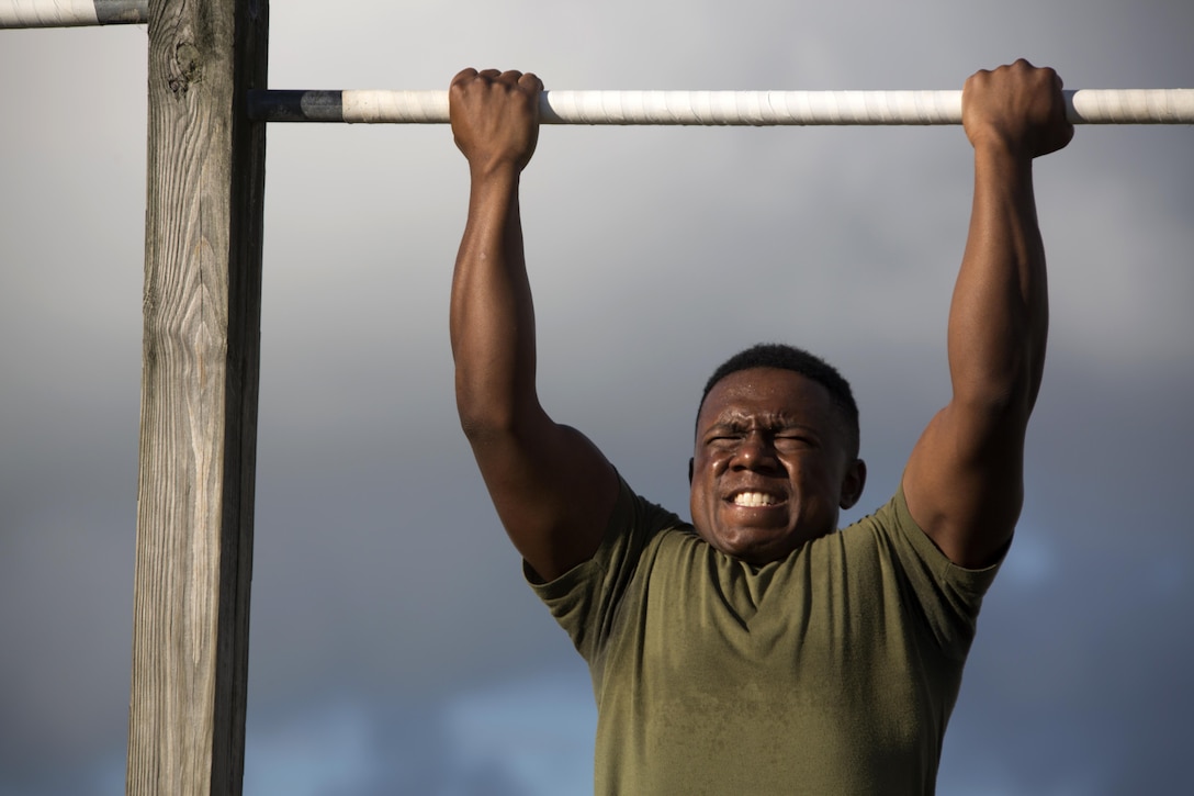 Lance Cpl. Evian T. Jackson Participates in a pull-up event during the 75th anniversary field meet competition at Marine Corps Air Station Cherry Point, N.C., Aug. 12, 2016. Headquarters and Headquarters Squadron, Marine Corps Air Station Cherry Point, and Marine Wing Headquarters Squadron 2, 2nd Marine Aircraft Wing, Marines of all ranks and ages came together to compete in numerous events testing their strength, teamwork and unit spirit. Some of the events the competitors participated in include: an all ranks relay, rifle relay race, unit soccer, a 7-ton pull and more. Jackson is an administrative specialist with H&HS. (U.S. Marine Corps photo by Cpl. N.W. Huertas/Released)
