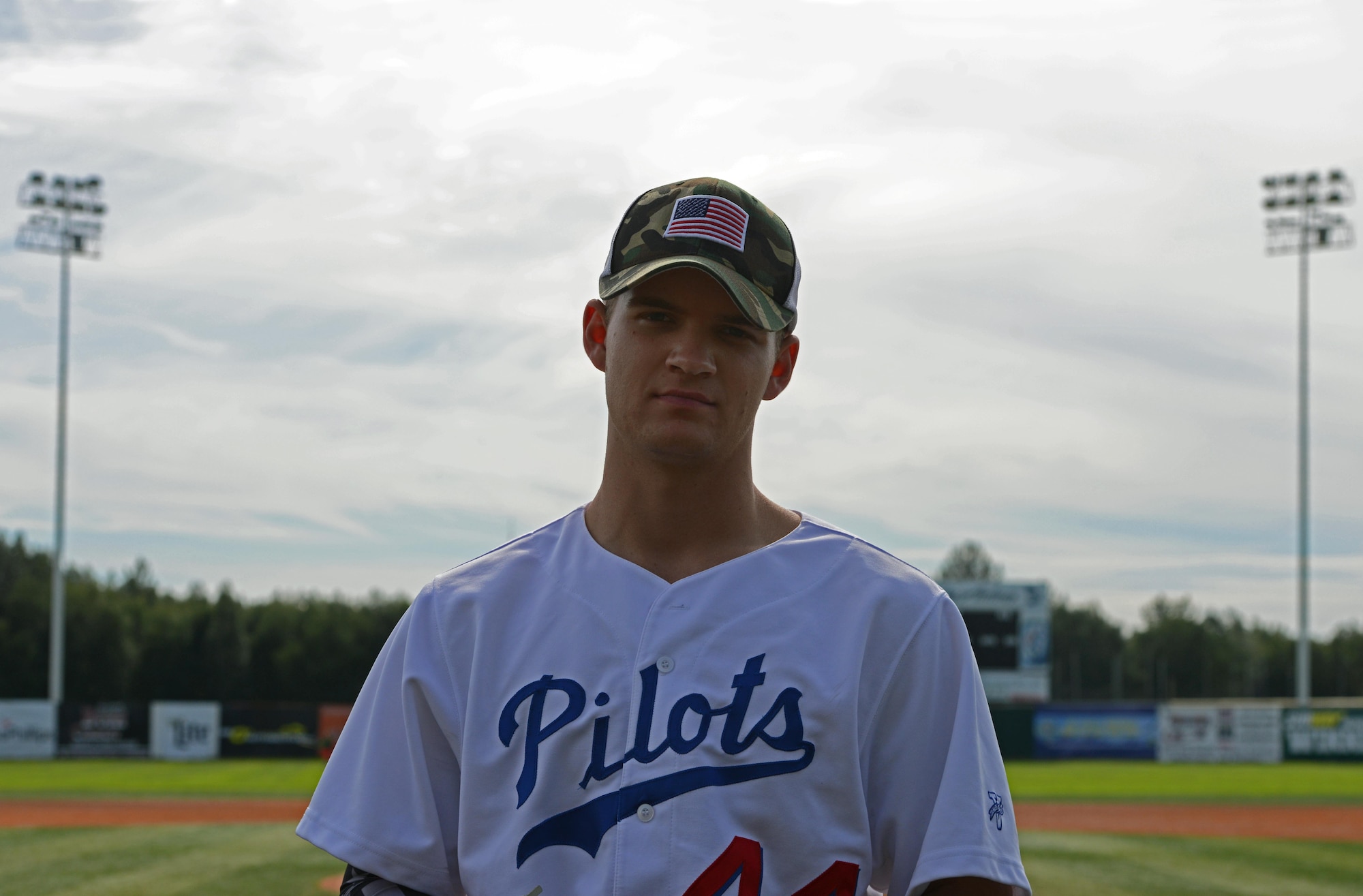 Gregory Eissens, an aircraft electrical and environmental systems Airman with the 732d Aircraft Mobility Squadron at Joint Base Elmendorf-Richardson, stands at Mulcahy Baseball Stadium following the final game of the 2016 regular season, Aug. 3, 2016. Eissens hopes to one day play in the MLB. (U.S. Air Force photo by Airman 1st Class Javier Alvarez)