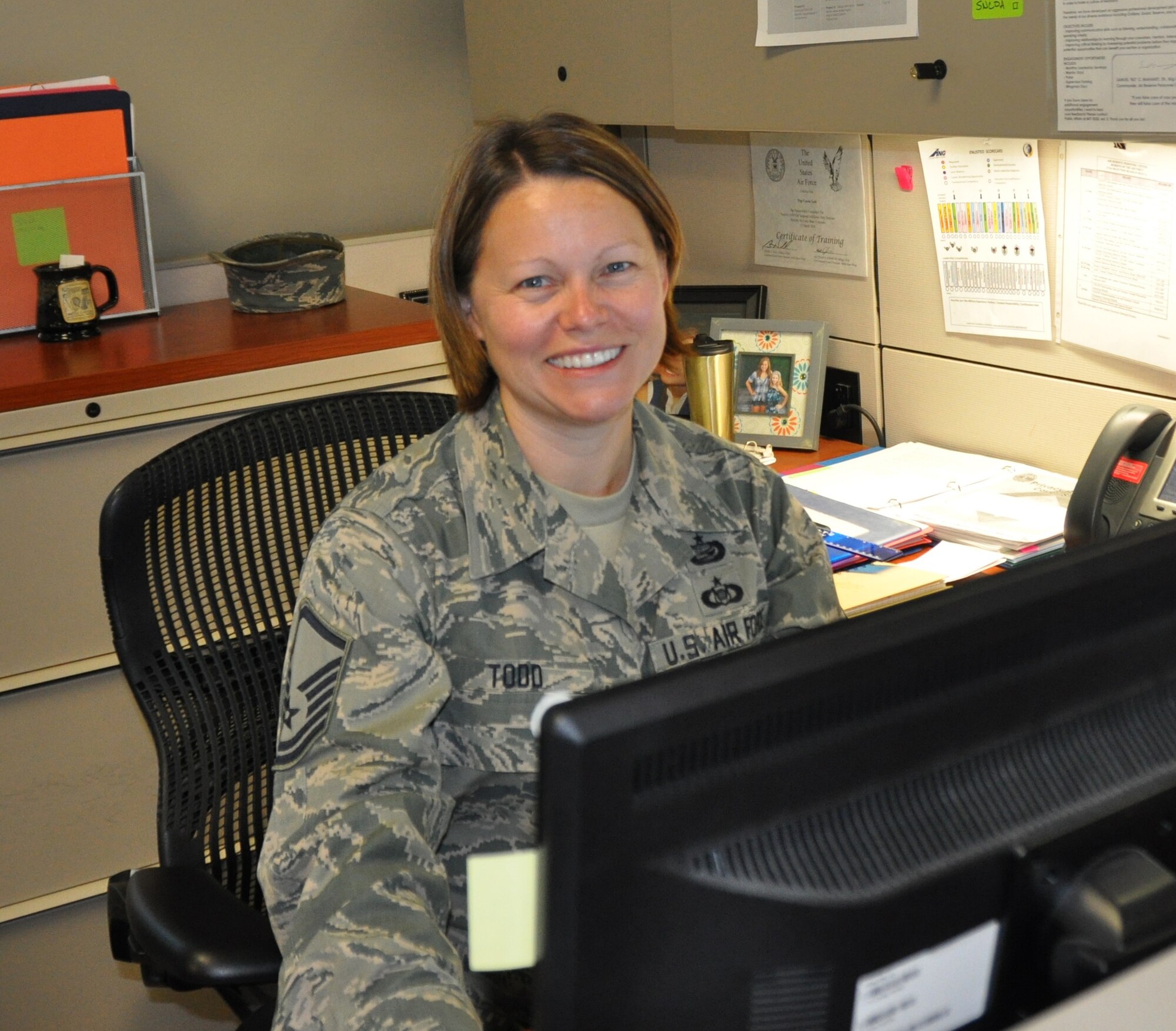 Master Sgt. Carola Todd, assigned to the Air Reserve Personnel Center Directorate of Personnel Transformation, was named Force Support Non-commissioned Officer of the Year. The Air Force-level award was for Todd's work as the Non-commissioned Officer Evaluations and Appeals Boards during the majority of the award period. She was responsible for ensuring Airmen meeting the boards had all of the necessary documentation to support their case. (U.S. Air Force photo by Tech. Sgt. Beth Anschutz)