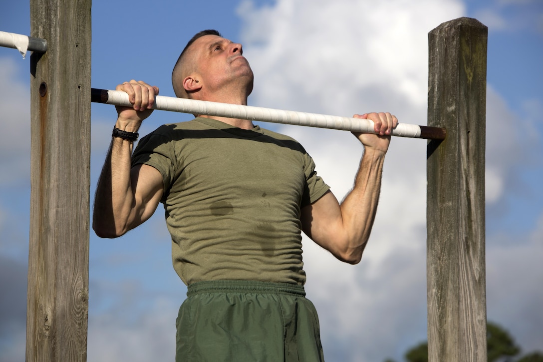 Col. Mark T. Palmer participates in a pull-up event during the 75th anniversary field meet competition at Marine Corps Air Station Cherry Point, N.C., Aug. 12, 2016. Headquarters and Headquarters Squadron, Marine Corps Air Station Cherry Point, and Marine Wing Headquarters Squadron 2, 2nd Marine Aircraft Wing, Marines of all ranks and ages came together to compete in numerous events testing their strength, teamwork and unit spirit. Some of the events the competitors participated in include: an all ranks relay, rifle relay race, unit soccer, a 7-ton pull and more. Palmer is the chief of staff for 2nd MAW. (U.S. Marine Corps photo by Cpl. N.W. Huertas/Released)